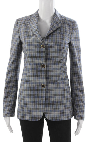 Sharis Place Unisex Adults Blazer Blue Wool Plaid Button Long Sleeve Size 38