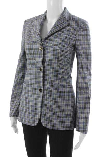 Sharis Place Unisex Adults Blazer Blue Wool Plaid Button Long Sleeve Size 38