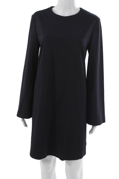 Sharis Womens Blue Viscose Short Shift Dress Long Sleeve Crew Neck Zip Size 44