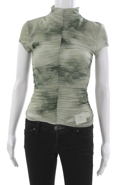 Zara Women Jersey Tie-Dye Mock Neck Blouse Green Short Sleeve Zip Size XS