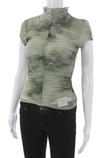 Zara Women Jersey Tie-Dye Mock Neck Blouse Green Short Sleeve Zip Size XS