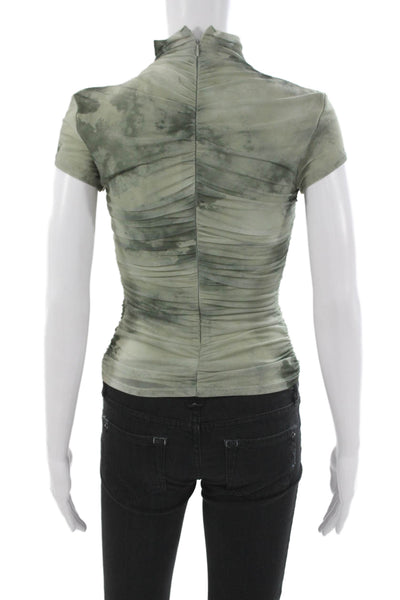 Zara Women Jersey Tie-Dye Mock Neck Blouse Green Short Sleeve Zip Size XS