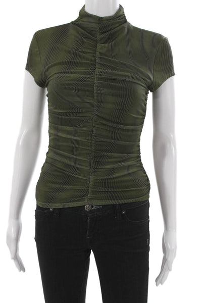 Zara Womens Striped Army Mock Neck Short Sleeve Zip Polyester Blouse Size XS