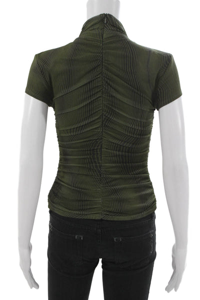 Zara Womens Striped Army Mock Neck Short Sleeve Zip Polyester Blouse Size XS