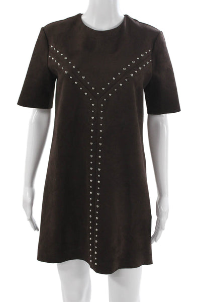 Zara Women Shift Dress Brown Round Neck Half Sleeve Zip Polyester Size S