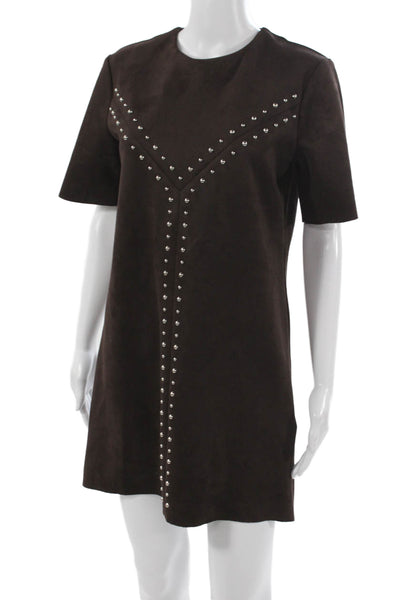 Zara Women Shift Dress Brown Round Neck Half Sleeve Zip Polyester Size S