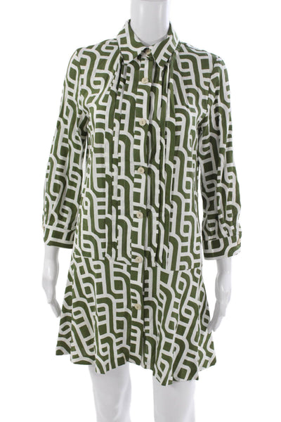 Zara Womens Shirt Dress Green Geometric Collared Button 3/4 Sleeve Knee Size S