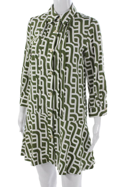 Zara Womens Shirt Dress Green Geometric Collared Button 3/4 Sleeve Knee Size S