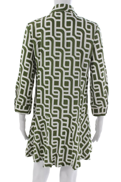 Zara Womens Shirt Dress Green Geometric Collared Button 3/4 Sleeve Knee Size S