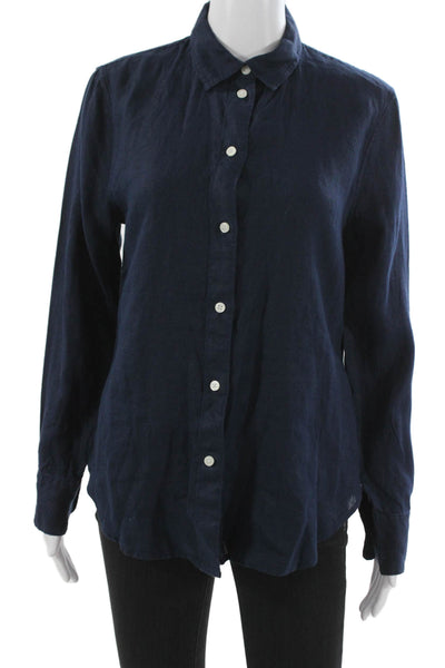 Zara Women Basic Blue Linen Collared Button-Up Long Sleeve Top Size 4