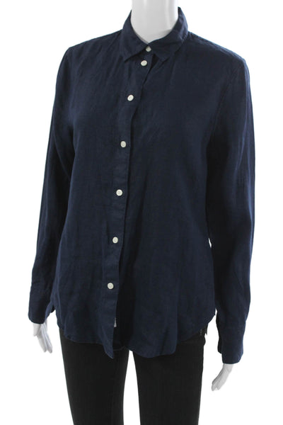 Zara Women Basic Blue Linen Collared Button-Up Long Sleeve Top Size 4