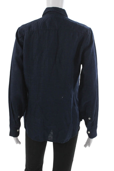 Zara Women Basic Blue Linen Collared Button-Up Long Sleeve Top Size 4