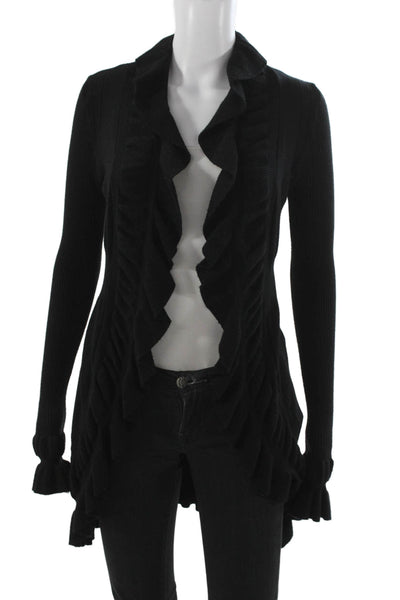Ya Los Angeles Women Cardigan Black Cotton Blend Collared Long Sleeve Size S