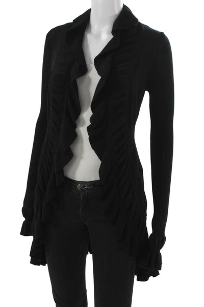 Ya Los Angeles Women Cardigan Black Cotton Blend Collared Long Sleeve Size S