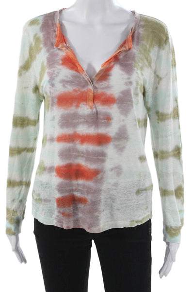 YFB Womens Striped Linen Henley Long Sleeve T-Shirt Multi-Color Size XS