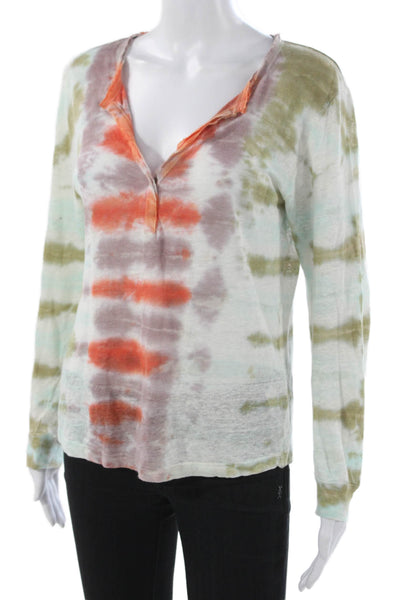 YFB Womens Striped Linen Henley Long Sleeve T-Shirt Multi-Color Size XS