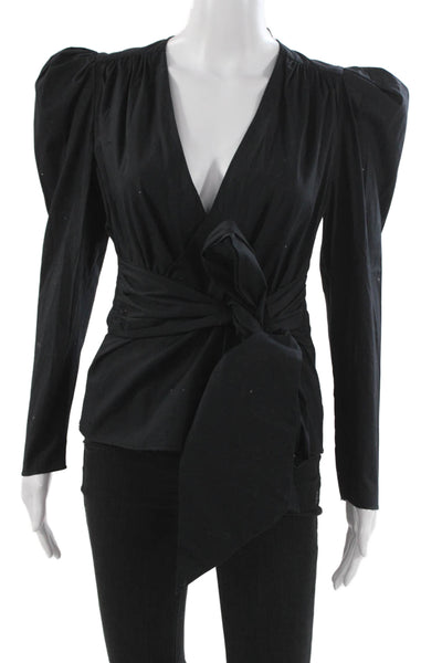 Zara Womens Black V-Neck Tie Long Sleeve Viscose Basic Blouse Size XS