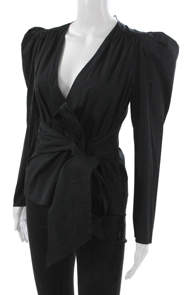 Zara Womens Black V-Neck Tie Long Sleeve Viscose Basic Blouse Size XS