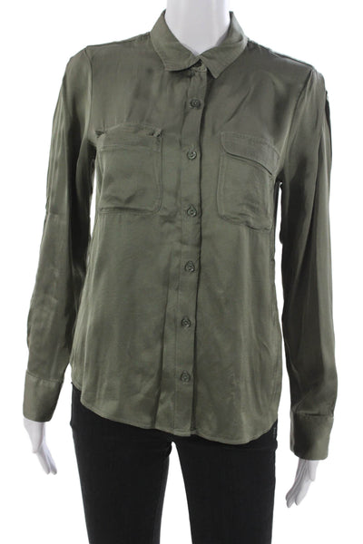 YFB Women Collared Button-Up Blouse Green Viscose Blend Long Sleeve Size XS