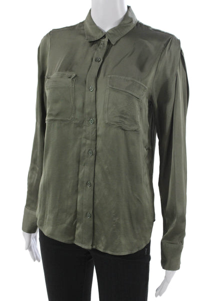 YFB Women Collared Button-Up Blouse Green Viscose Blend Long Sleeve Size XS