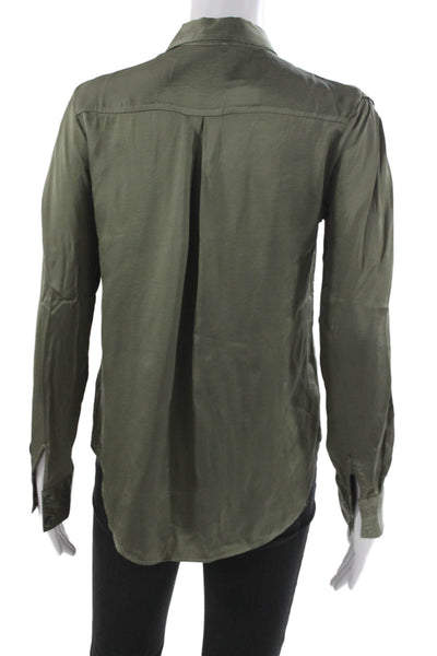 YFB Women Collared Button-Up Blouse Green Viscose Blend Long Sleeve Size XS