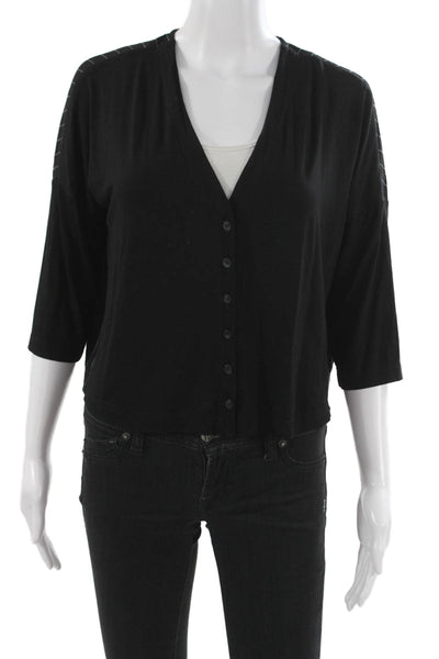 Alembika Women Black Striped V Neck Button Front 3/4 Sleeve Cardigan Size 0