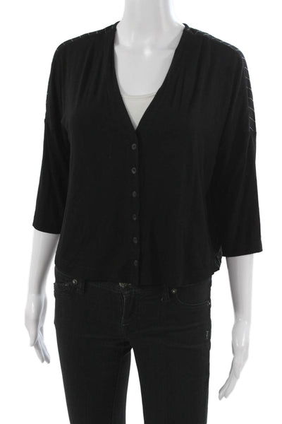 Alembika Women Black Striped V Neck Button Front 3/4 Sleeve Cardigan Size 0