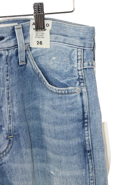 Amo Women Blue Straight Distressed Cotton Mid Rise Jeans Size 26
