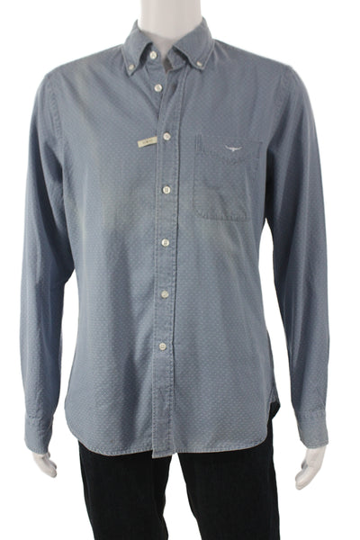 R.M. Williams Men's Light Blue Polka Dot Button-Down Shirt Cotton Size M