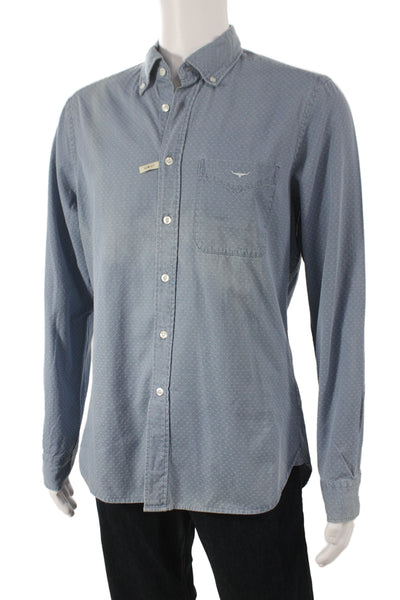 R.M. Williams Men's Light Blue Polka Dot Button-Down Shirt Cotton Size M