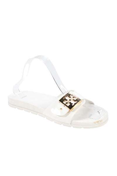 Tory Burch Womens Embellished Slip On Rubber Flat Sandals Shoes White Size 8M