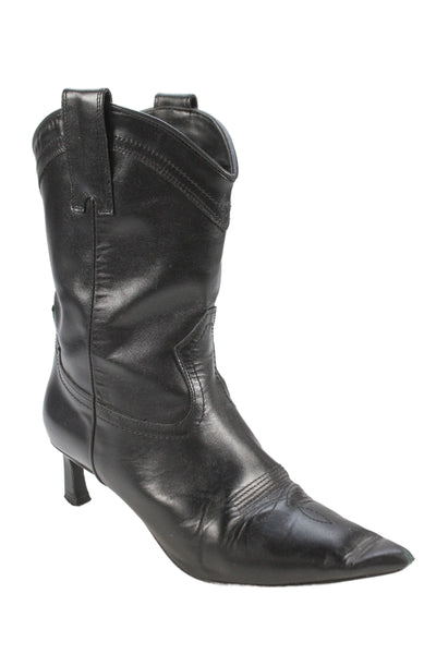 Zara Womens Slip On Medium Heel Pointed Toe Leather Boots Black Size 38
