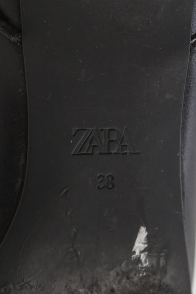 Zara Womens Slip On Medium Heel Pointed Toe Leather Boots Black Size 38