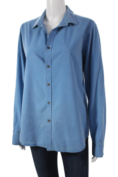 Theory Womens Blue Cotton Collared Button-Up Long Sleeve Top Size L