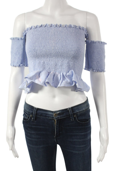 Peixoto Womens Cropped Lace Up Light Blue Bohemian Top Short Sleeve Size L