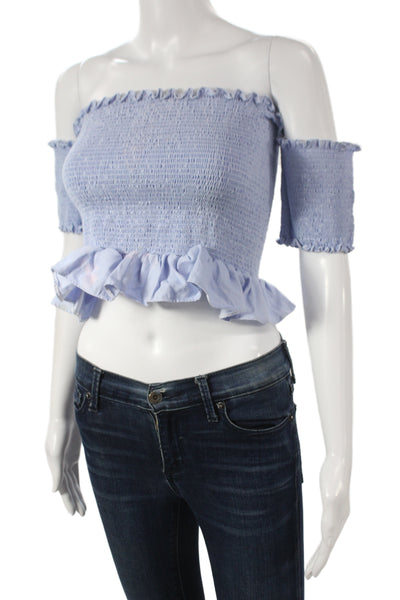 Peixoto Womens Cropped Lace Up Light Blue Bohemian Top Short Sleeve Size L
