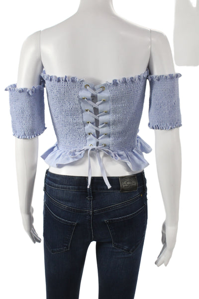 Peixoto Womens Cropped Lace Up Light Blue Bohemian Top Short Sleeve Size L