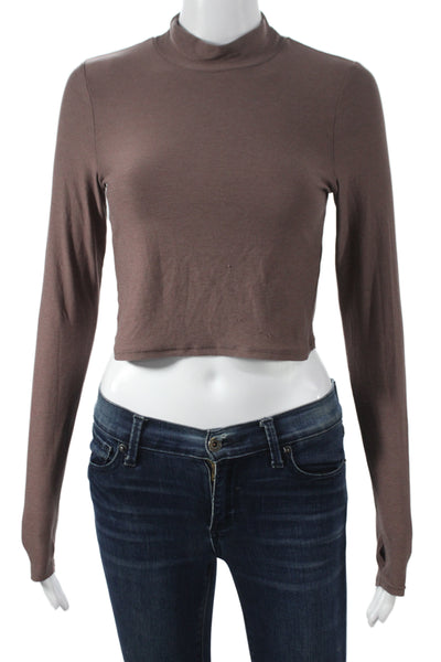 Beyond Yoga Women Cropped Mock Neck Brown Long Sleeve Top Petite Size S