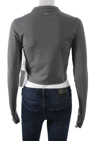 Splits 59 Women Cropped Mock Neck Long Sleeve Zip Top Gray Size S