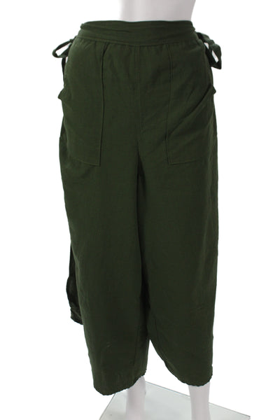Rufina Women Cropped Linen Pants Green Tie Army Size S