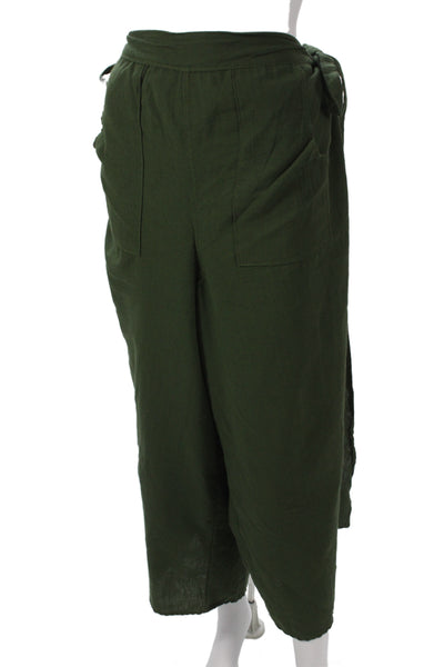 Rufina Women Cropped Linen Pants Green Tie Army Size S