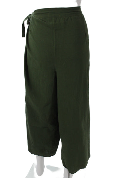 Rufina Women Cropped Linen Pants Green Tie Army Size S