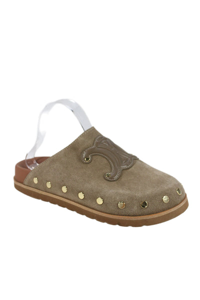 Celine Womens Slip On Embossed Logo Triomphe Suede Mules Brown Size 39