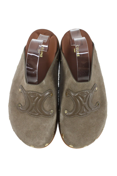 Celine Womens Slip On Embossed Logo Triomphe Suede Mules Brown Size 39