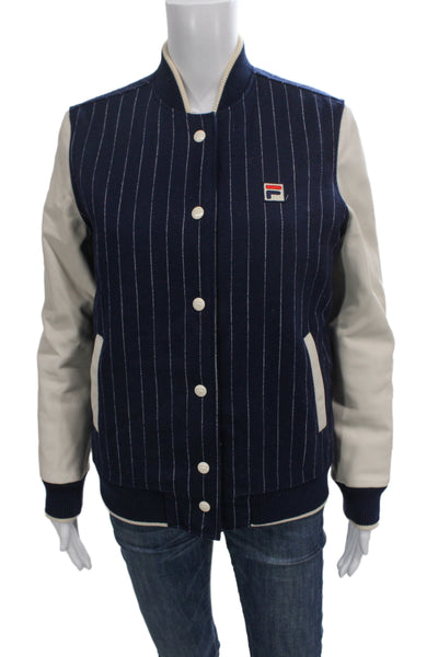 Bandier Unisex Varsity Jacket Dark Blue Striped Wool Blend Size XS