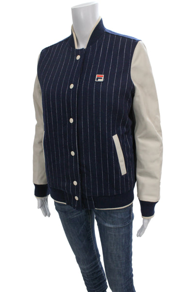 Bandier Unisex Varsity Jacket Dark Blue Striped Wool Blend Size XS