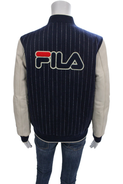 Bandier Unisex Varsity Jacket Dark Blue Striped Wool Blend Size XS