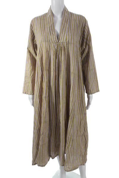 mes filles Womens Tan Linen Striped Kaftan Dress Long Sleeve V-Neck Size M