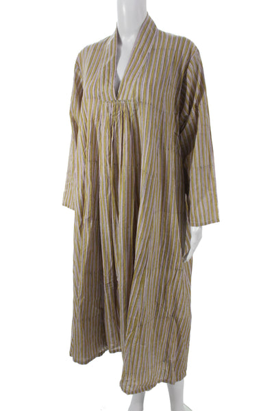 mes filles Womens Tan Linen Striped Kaftan Dress Long Sleeve V-Neck Size M