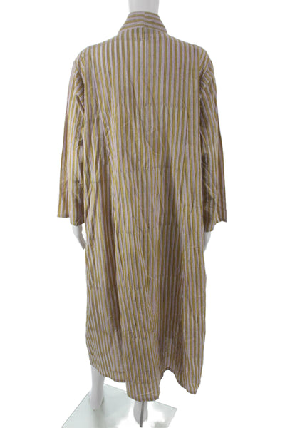 mes filles Womens Tan Linen Striped Kaftan Dress Long Sleeve V-Neck Size M